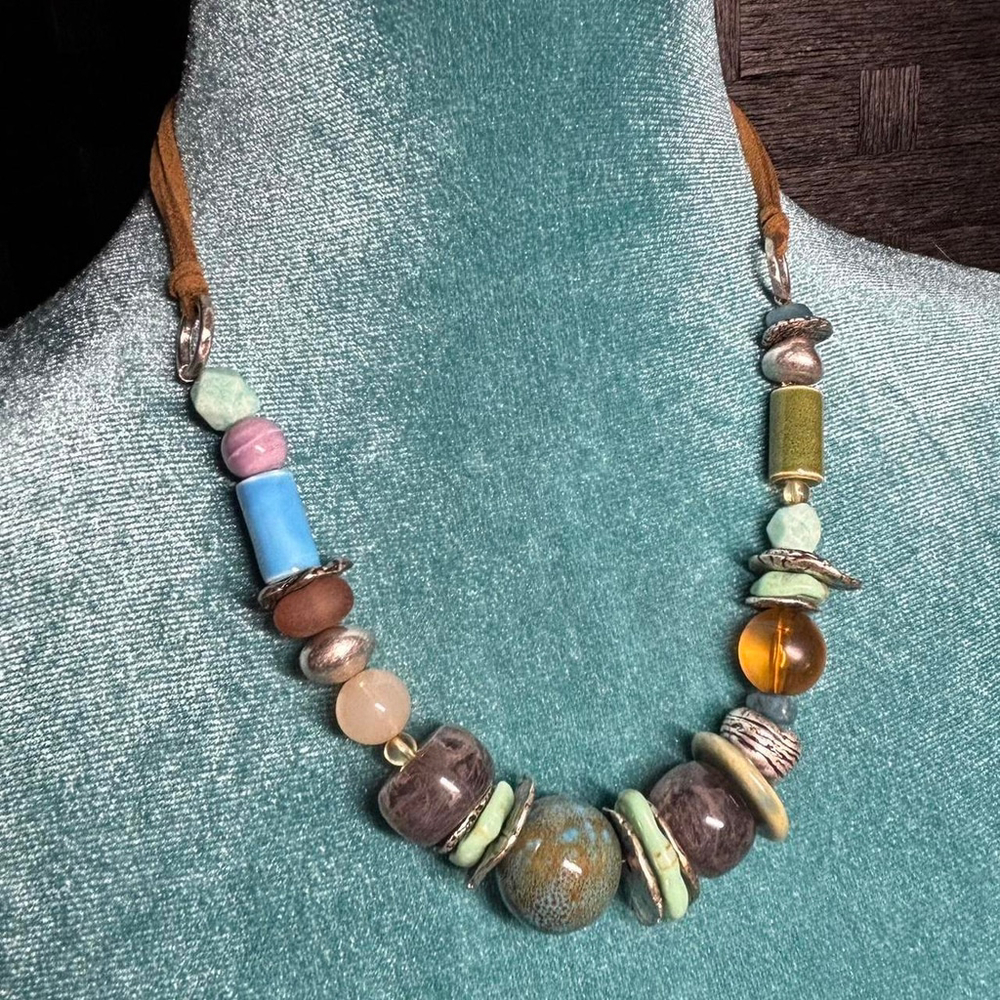 eclectic vintage beaded necklace on brown suede cording